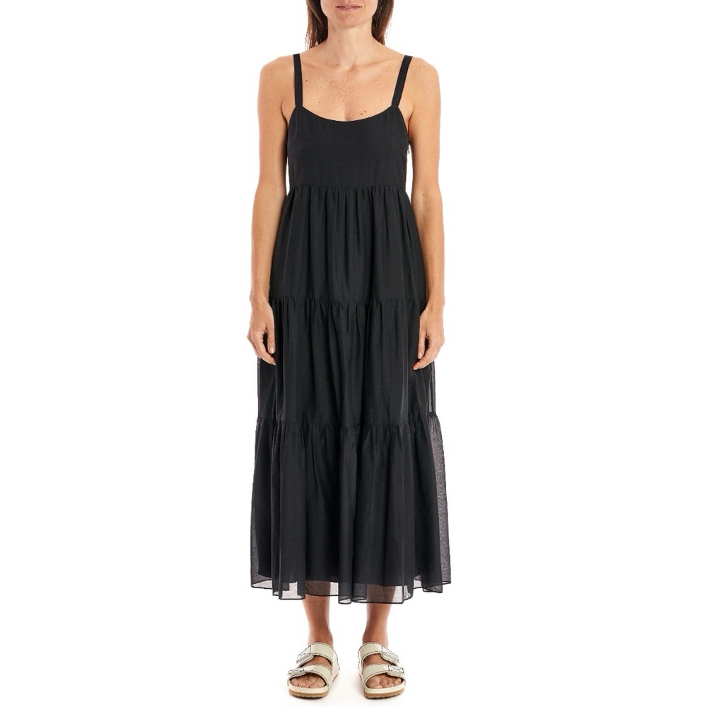 NEW La Ligne Melisa Dress (Sz XL) Sleeveless Tiered Skirt Cotton Silk Midi Black